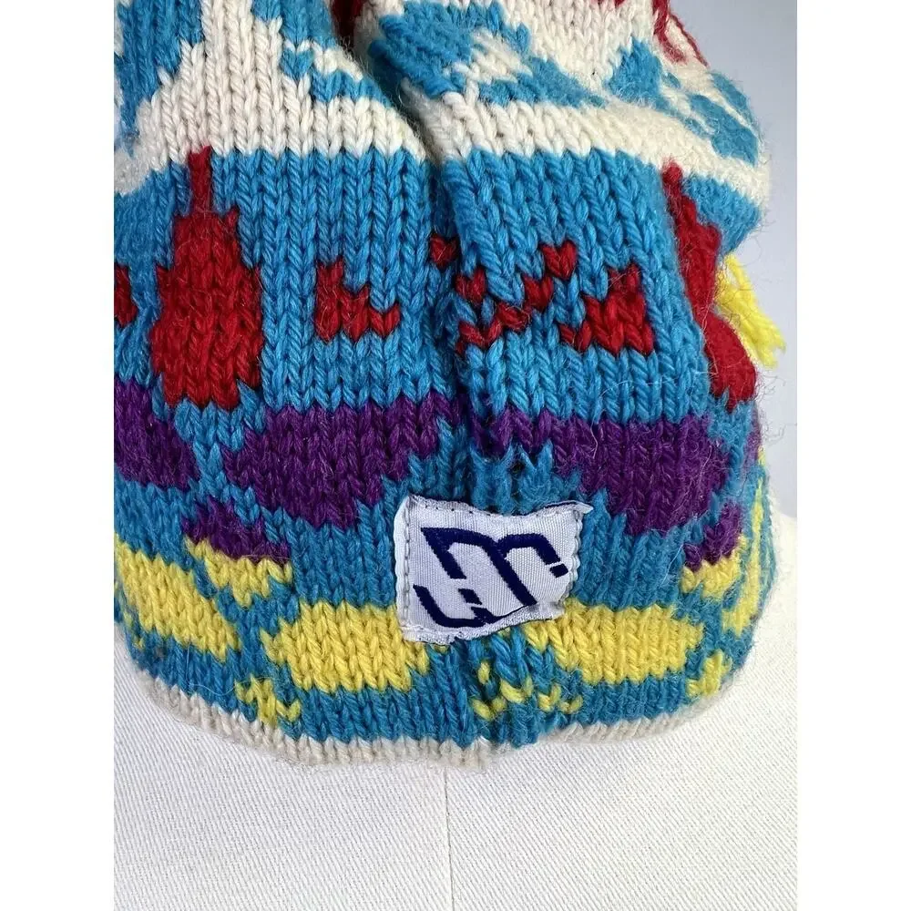 Vtg Murray Merkley Hand Knit Wool Ski Hat 80s Bright Resort Mountain - Picture 3 of 6